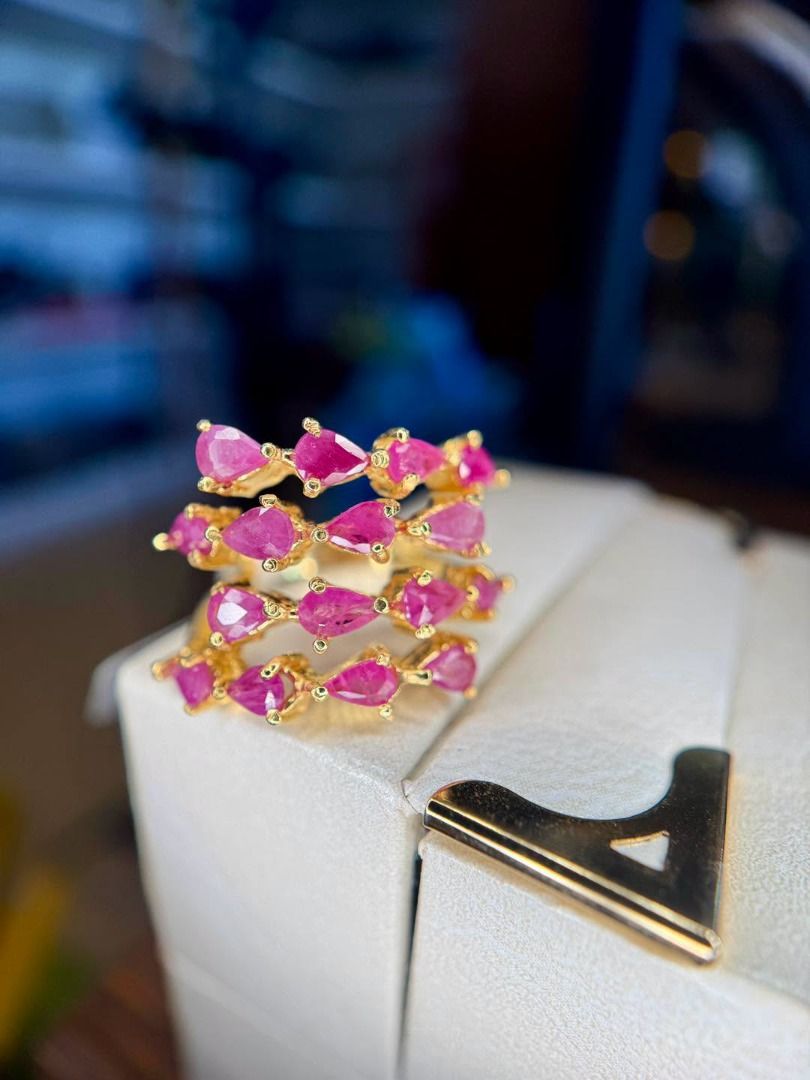 Natural Ruby Statement Ring in Gold-Plated Silver (Category: Rings) located in Baguio. Submitted by asna_taku (Listing ID 1469845517, Image 3). Description: ❤️ Natural Ruby Statement Ring in Gold-Plated Silver ❤️ Bold, vibrant, and unapologetically elegant! ✨ This eye-catching statement ring features multiple natural rubies in beautiful shades of pinkish red, arranged in a dramatic, multi-stone design with a luxurious golden finish. ❤️ Natural ru