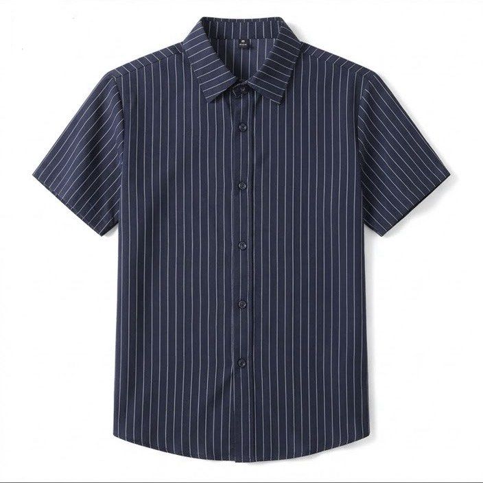 Navy Blue White Striped Short Sleeve Button Down Shirt (Category: Shirts) located in Valenzuela. Submitted by closettee_ (Listing ID 1469888839, Image 1). Description: - Color: Navy blue with white vertical pinstripes - Style: Short sleeve button-down with dark front buttons - Neckline: Classic collar - Hemline: Curved design - Occasion: Ideal for casual outings and smart casual wear.