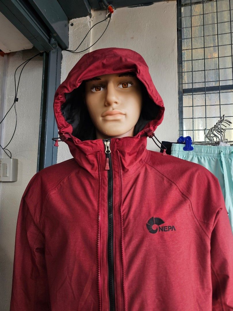 NEPA outdoor zip-up hooded jacket (Category: Coats, Jackets and Outerwear) located in Baguio. Submitted by kayeonlineshop (Listing ID 1469785209, Image 3). Description: red NEPA outdoor zip-up hooded jacket with a black interior lining and zippered chest pockets.
