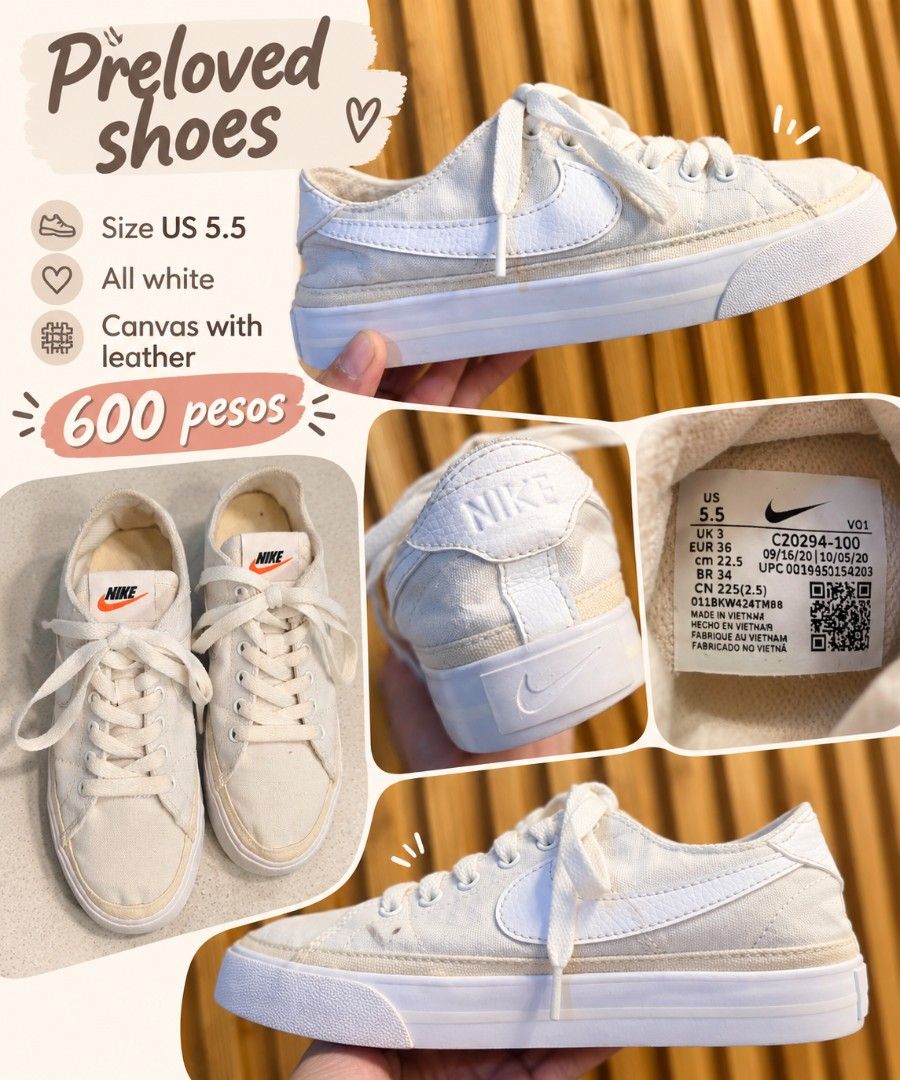 Nike Canvas Sneakers White US 5.5 (Category: Sneakers) located in Iloilo. Submitted by stellas21 (Listing ID 1469812323, Image 1). Description: - Type: Preloved canvas with leather shoes - Color: All white with leather swoosh - Style Code: CZ0294-100 - Size: US 5.5 | UK 3 | EUR 36 | 22.5 cm - Closure: Standard lace-up - Condition: Clean, classic design, and easy to match with daily outfits.