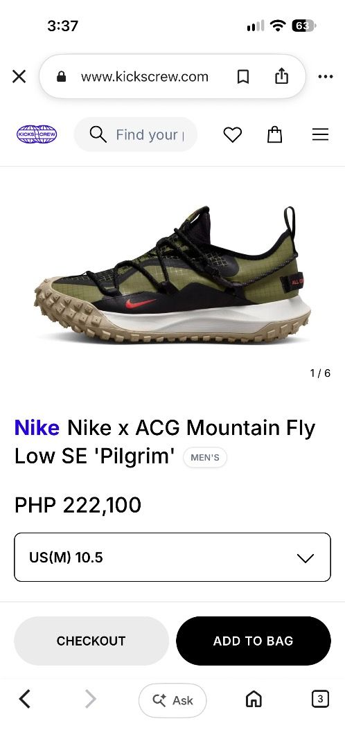 Nike x ACG Mountain Fly Low SE Pilgrim (Category: Sneakers) located in Danao, Cebu. Submitted by kentoy25 (Listing ID 1469834361, Image 1). Description: - Brand: Nike x ACG - Model: Mountain Fly Low SE - Colorway: Pilgrim (Earth-toned olive green with black and red accents) - Size: US 10.5 Men's - Key Features: Durable grid-patterned upper, secure rope lacing system, and rugged traction soles built for all terrains - Details: Iconic All Condition