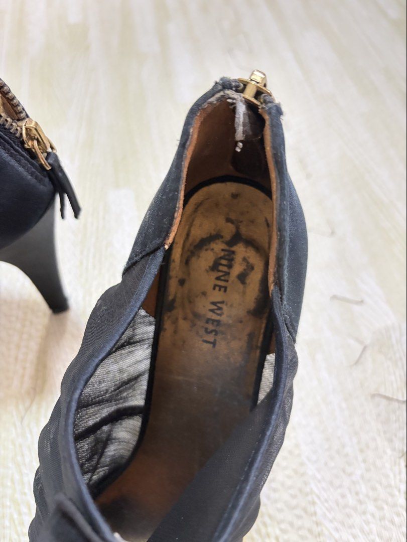 Nine West Black Mesh Ruffle Heels Size 8.5M (Category: Heels) located in Quezon City. Submitted by marifavo (Listing ID 1469825411, Image 2). Description: - Brand: Nine West - Style: Black high heels / stiletto with peep toe - Details: Mesh panels, ruffled front trim, gold hardware back zipper - Size: 8.5 Medium - Condition: Noticeable wear and staining on interior footbeds, standard dirt marks on soles.
