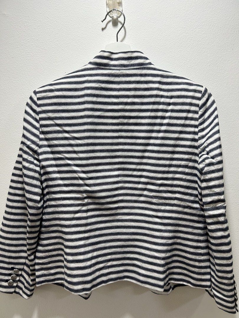Nine West Striped Blazer Jacket Size 8 (Category: Coats, Jackets and Outerwear) located in Manila. Submitted by isabelle_1104 (Listing ID 1469917675, Image 3). Description: - Brand: Nine West - Style: Black and white striped blazer - Size: 8 - Features: Structured neckline, front pockets, button details on sleeve cuffs - Interior: Fully lined - Condition: Clean, ready to wear - Perfect for: Work or casual outings.