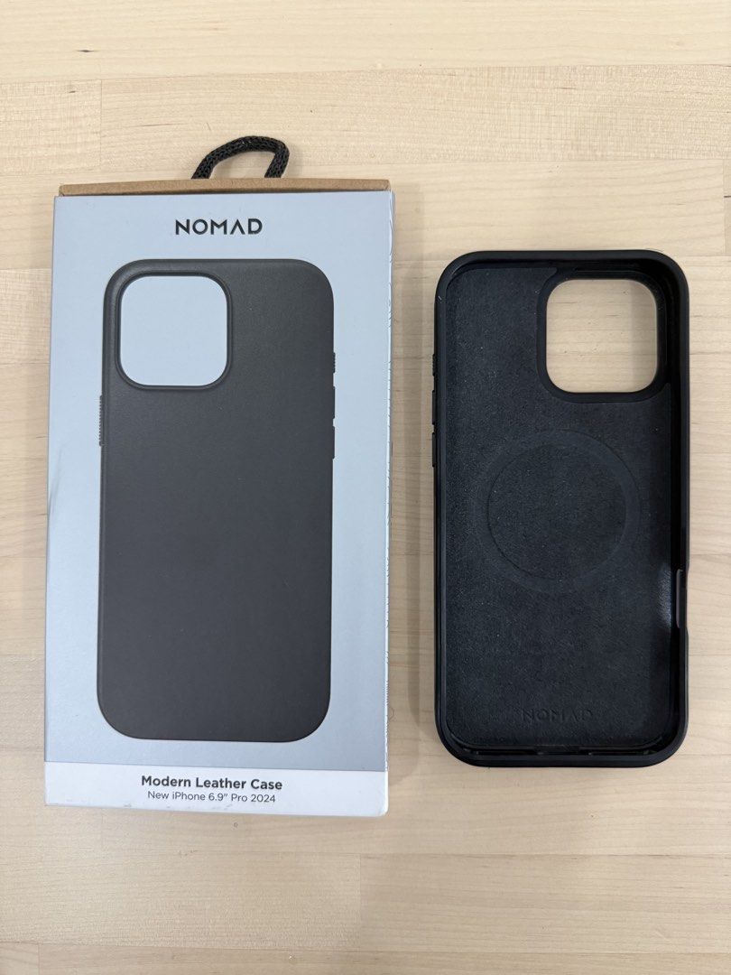 Nomad Modern Leather Case for iPhone 16 Pro Max (Category: Cases & Sleeves) located in Pasig City. Submitted by miggyyusay (Listing ID 1469779304, Image 2). Description: Lightly used case, no dents. Only normal wear on the leather..
