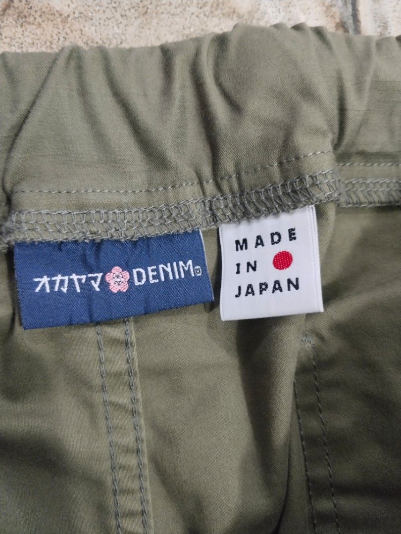 Okayama Denim baker pants (Category: Jeans) located in Legazpi City. Submitted by genobecollectives (Listing ID 1469871118, Image 3). Description: Okayama Denim baker pants 1500 plus sf size large on tag 30-36 thigh 12.5 8 leg opening - Color: Olive Green - Origin: Made in Japan - Size: LL - Material: Cotton and polyurethane blend - Waist: Elastic waistband with drawstring - Pockets: Functional front and back pockets - Fit: Comfortable relaxed fi