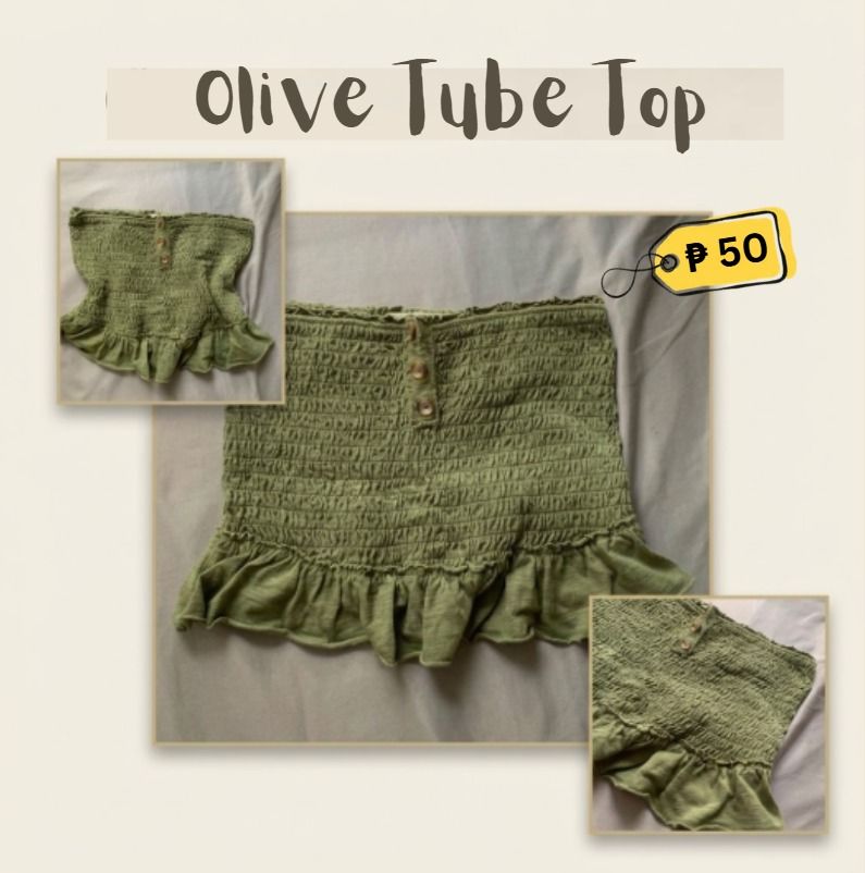Olive Tube Top - ₱50 (Category: Sleeveless) located in Manila. Submitted by _uniefinds (Listing ID 1469764507, Image 1). Description: ♡ Fits to Small 𐙚 PRICE: ₱50 𐙚 MOP: GCash / Maya 𐙚 MOD: J&T / Lalamove 𐙚 SF: Shouldered by the buyer ୨ৎ DM me if interested or for inquiries! ♡ 📍 Sta. Mesa.