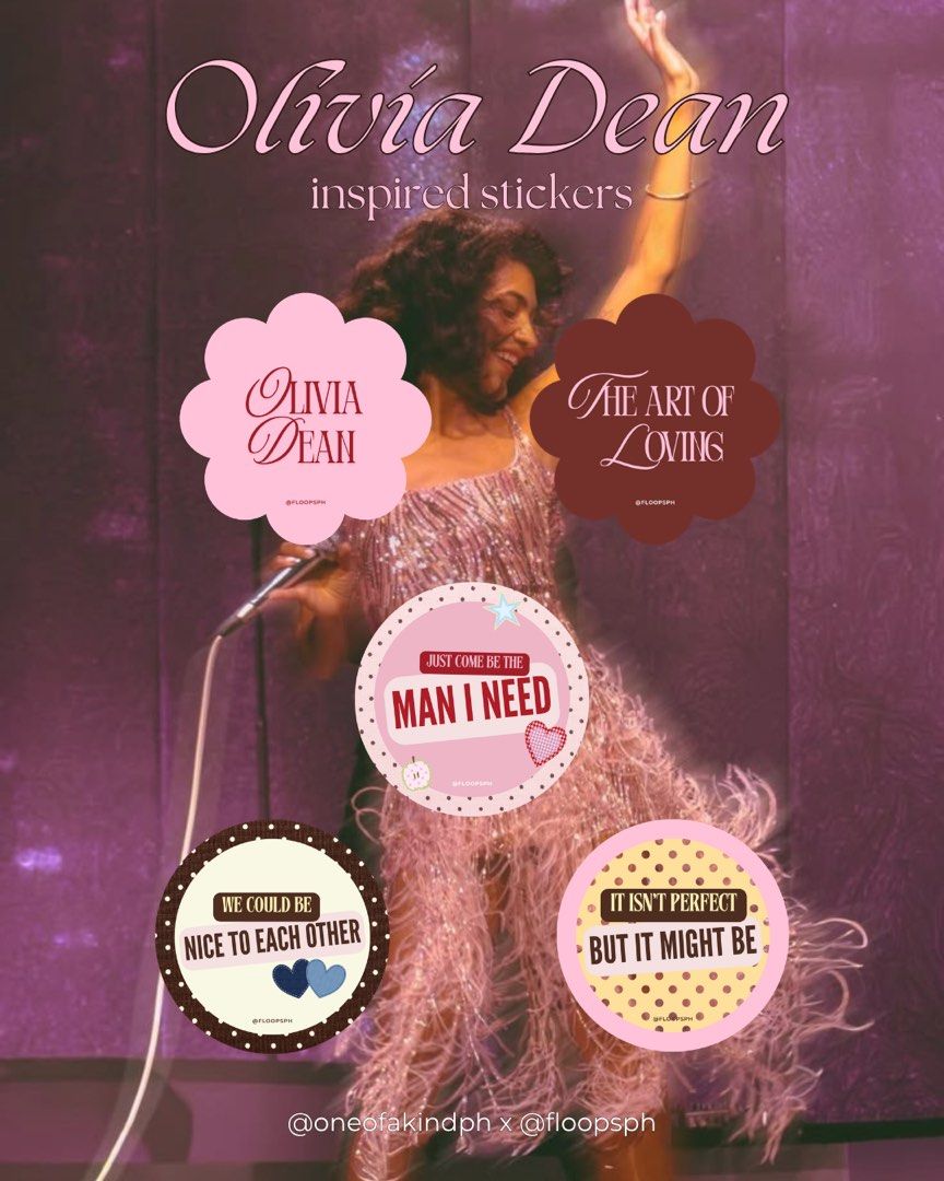 OLIVIA DEAN INSPIRED STICKER (laminated) (Category: Emblem, Sticker and Decals) located in Dasmarinas. Submitted by hannah.oakph (Listing ID 1469810911, Image 1). Description: ₱20 per design 2" laminated stickers individually cut message me which design you will avail.