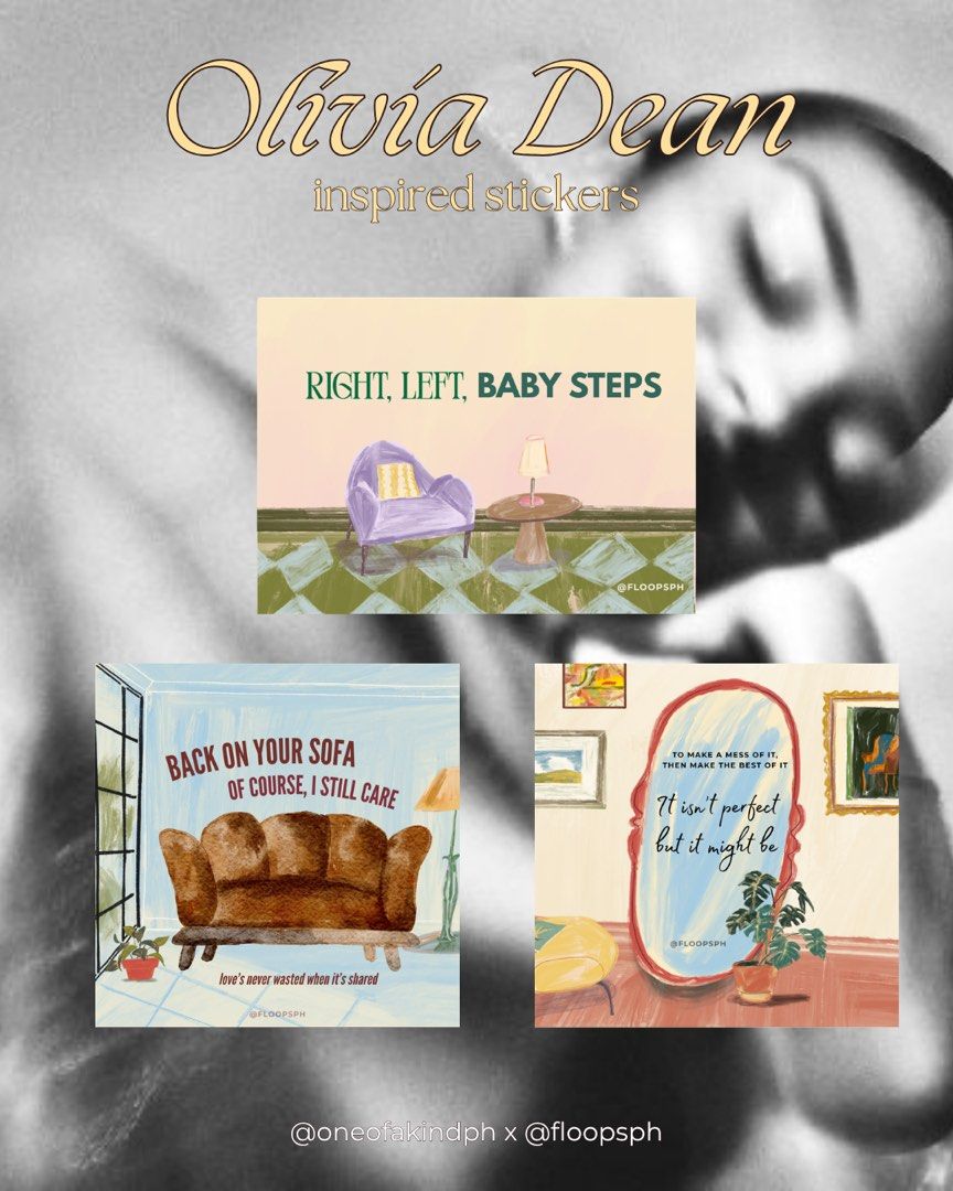 OLIVIA DEAN SONGS INSPIRED STICKERS (Category: Emblem, Sticker and Decals) located in Dasmarinas. Submitted by hannah.oakph (Listing ID 1469811080, Image 2). Description: ₱30 per design 2" laminated stickers individually cut message me which design you will avail.