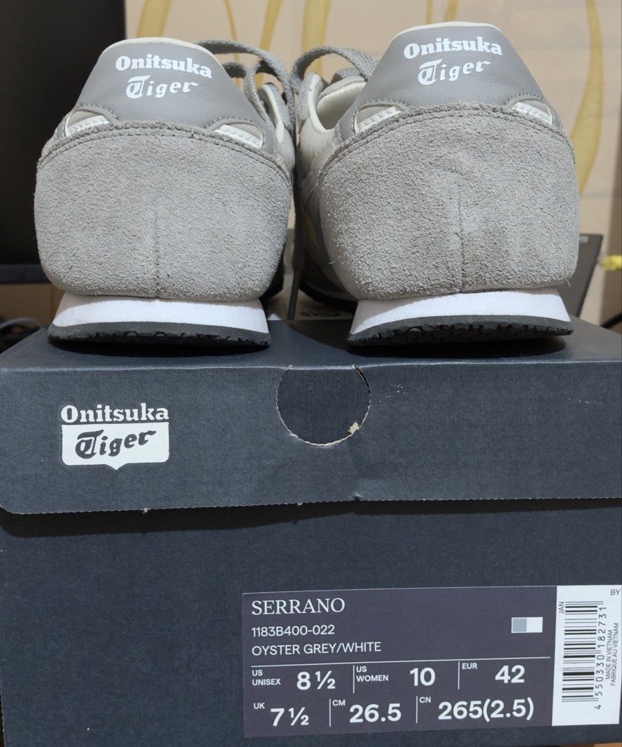 Onitsuka Tiger Serrano Oyster Grey White Size US 8.5 (Category: Sneakers) located in Makati City. Submitted by heyrods (Listing ID 1469943937, Image 2). Description: FS: Personal item Authentic Onitsuka Tiger Serrano in Oyster Grey/White (Model: 1183B400-022). Size US 8.5 Men / US 10 Women (EUR 42 / 26.5 CM). Features a stylish suede and textile upper with classic side stripes. Made in Vietnam and comes with the original shoe box. Grab these vers