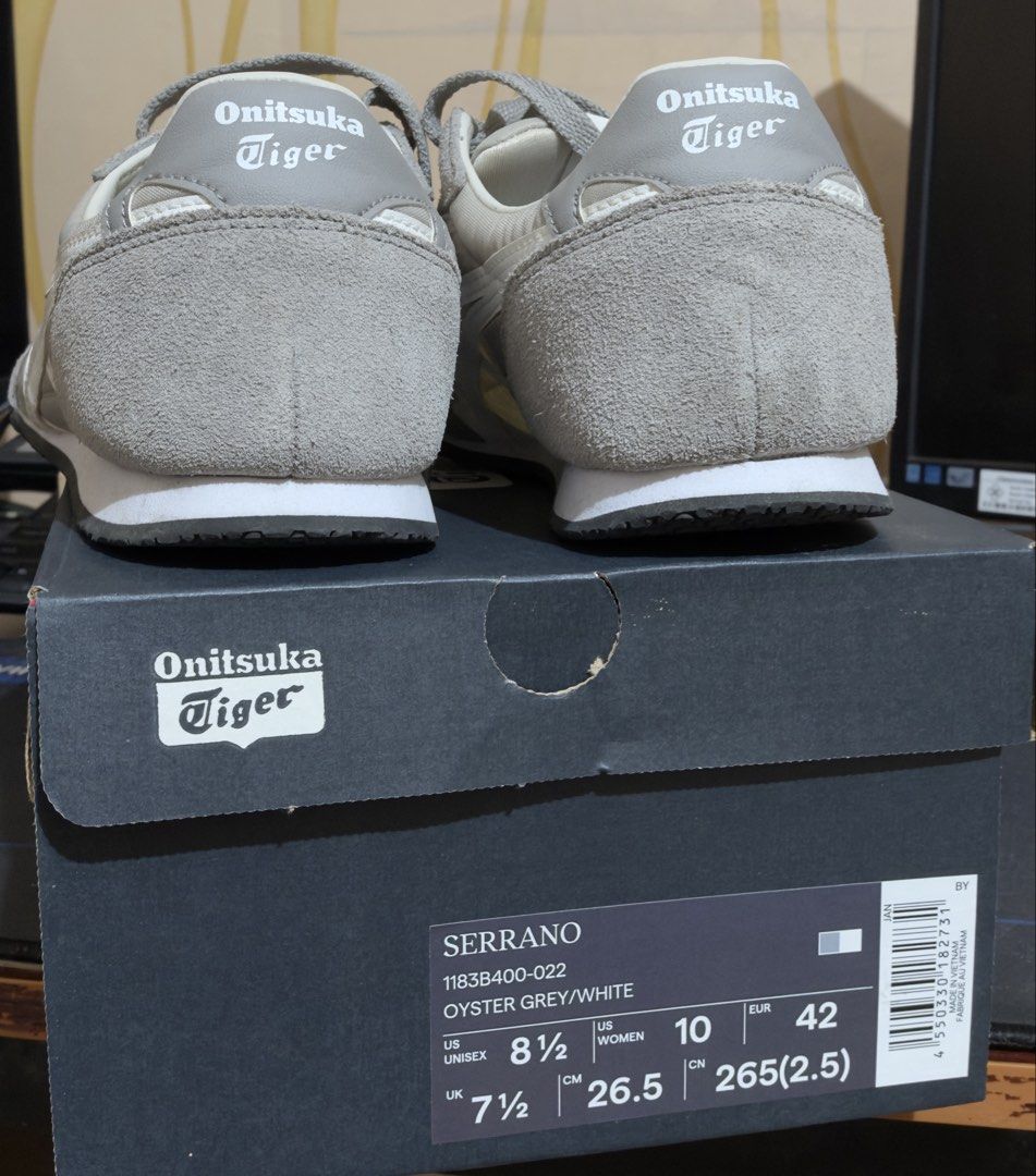 Onitsuka Tiger Serrano Oyster Grey White Size US 8.5 (Category: Sneakers) located in Makati City. Submitted by heyrods (Listing ID 1469943937, Image 3). Description: FS: Personal item Authentic Onitsuka Tiger Serrano in Oyster Grey/White (Model: 1183B400-022). Size US 8.5 Men / US 10 Women (EUR 42 / 26.5 CM). Features a stylish suede and textile upper with classic side stripes. Made in Vietnam and comes with the original shoe box. Grab these vers