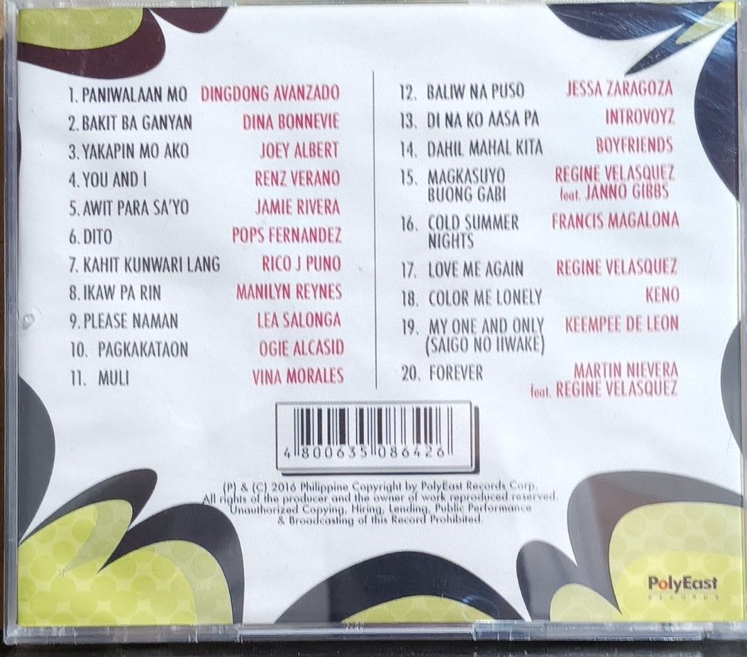 OPM Greatest Hits CD PolyEast Records (Category: CDs & DVDs) located in Manila. Submitted by ruelcabrer77078 (Listing ID 1469925742, Image 3). Description: - Album: OPM Hits Compilation (20 tracks) - Artists: Regine Velasquez, Martin Nievera, Lea Salonga, Francis Magalona, Ogie Alcasid, and more - Label: PolyEast Records (2016 release) - Inclusion: Jewel case, front insert with tracklist/credits, and original disc - Condition: Well-kept, ready to