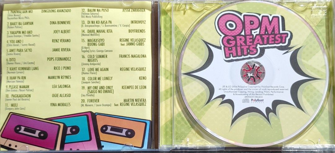OPM Greatest Hits CD PolyEast Records (Category: CDs & DVDs) located in Manila. Submitted by ruelcabrer77078 (Listing ID 1469925742, Image 2). Description: - Album: OPM Hits Compilation (20 tracks) - Artists: Regine Velasquez, Martin Nievera, Lea Salonga, Francis Magalona, Ogie Alcasid, and more - Label: PolyEast Records (2016 release) - Inclusion: Jewel case, front insert with tracklist/credits, and original disc - Condition: Well-kept, ready to