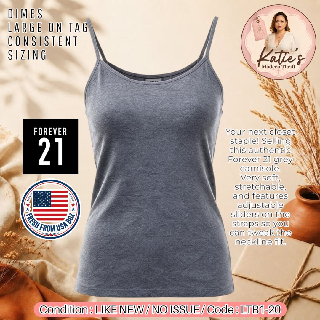 ORIGINAL Forever 21 basic gray spaghetti strap top in Size L. (Category: Sleeveless) located in Morong. Submitted by katiesmodernthrift (Listing ID 1469915501, Image 1). Description: Authentic Forever 21 basic gray spaghetti strap top in Size L. Your next closet staple! Selling this authentic Forever 21 grey camisole. Very soft, stretchable, and features adjustable sliders on the straps so you can tweak the neckline fit. • Fit: Women's Large - (F