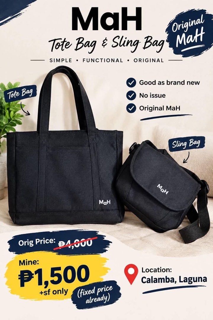 Original MaH Tote Bag & Sling Bag Matt (Category: Tote Bags) located in Calamba. Submitted by wildcrystal.d61f6a (Listing ID 1469872309, Image 1). Description: - Authentic MaH black tote bag and sling bag set - Simple, functional, and stylish design - Condition: Good, well-maintained with no issues - Original Retail Price: 4,000 PHP - Selling Price: 1,500 PHP (Fixed Price) - Shipping: Fee not included - Meetup / Pickup Location: Calamba, Laguna.