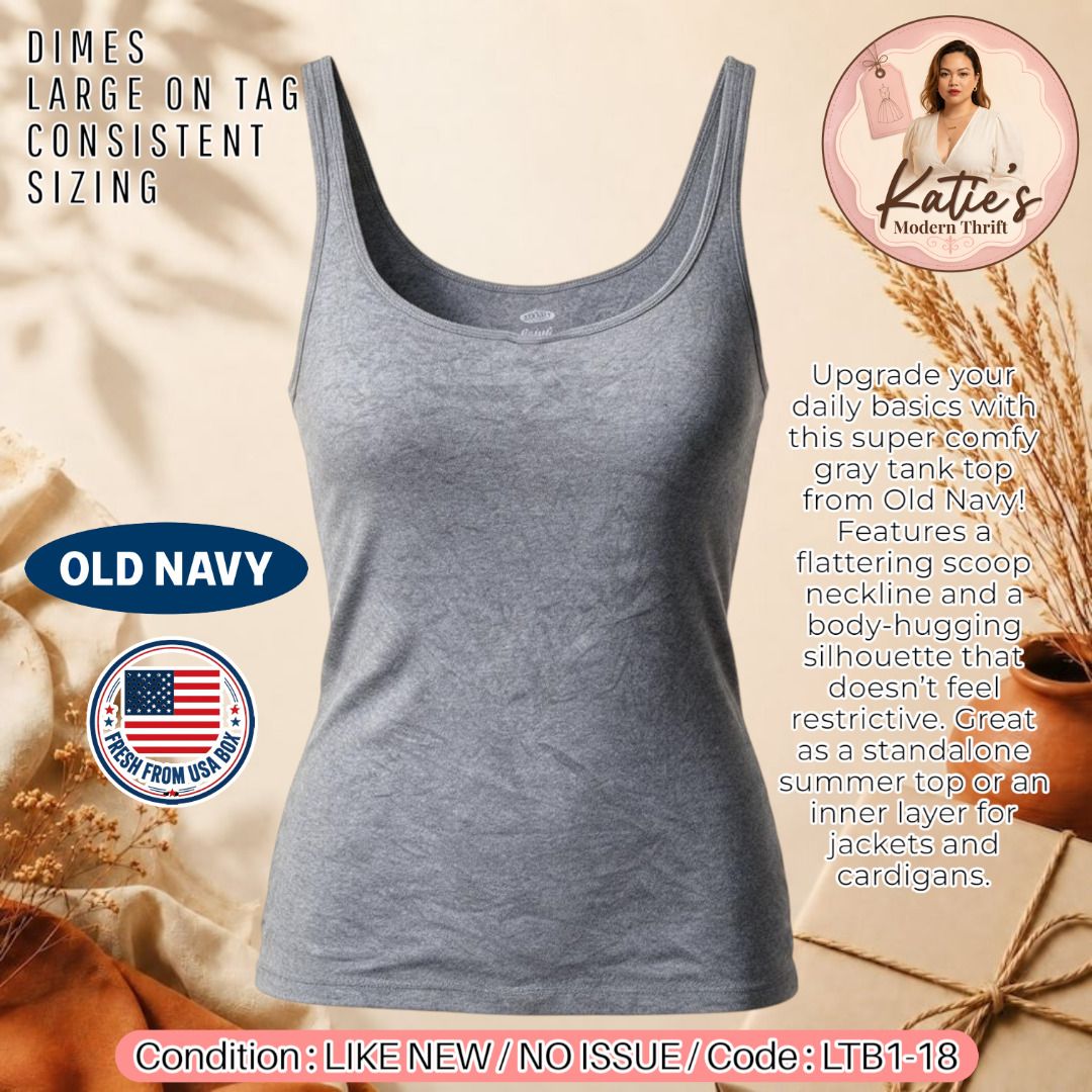 ORIGINAL Old Navy "Fitted" Scoop Neck Sando (Grey) (Category: Sleeveless) located in Morong. Submitted by katiesmodernthrift (Listing ID 1469912839, Image 1). Description: Authentic Old Navy "Fitted" Scoop Neck Sando (Grey) Upgrade your daily basics with this super comfy gray tank top from Old Navy! Features a flattering scoop neckline and a body-hugging silhouette that doesn’t feel restrictive. Great as a standalone summer top or an inner layer 