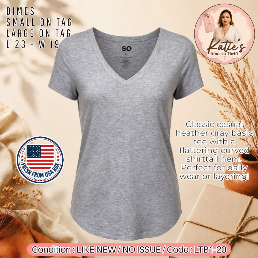 ORIGINAL SO Heather Gray Short Sleeve V-Neck Top (Category: Shirts) located in Morong. Submitted by katiesmodernthrift (Listing ID 1469851693, Image 1). Description: • 🤍 US Brand SO Grey V-Neck Slub Basic Tee (Women's Small) • Description: ✨ Brand: SO (Exclusive Kohl's USA private label) ✨ Size: Small on tag (Fits true to size, slightly relaxed silhouette) ✨ Fabric: 63% Polyester, 33% Rayon, 4% Spandex blend—super soft, stretchy, and premium slu