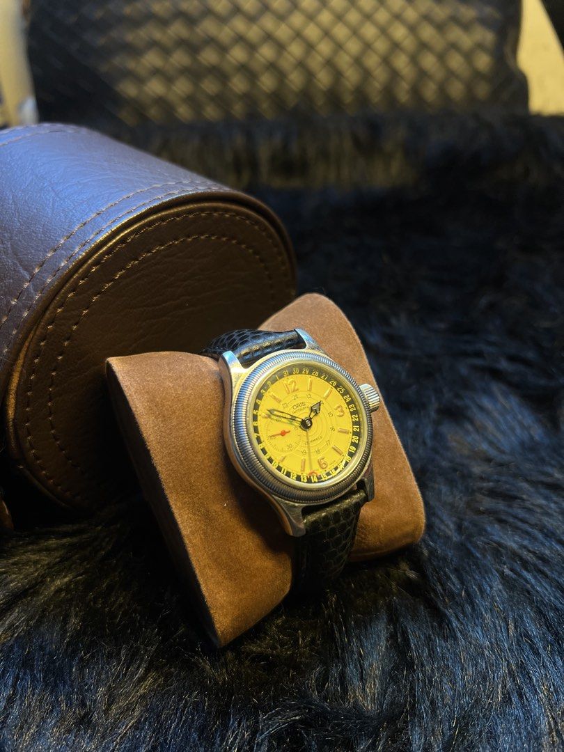 Oris Big Crown Commander Pointer Date Yellow Dial Automatic Watch (Category: Luxury Watches) located in Manila. Submitted by wrist.artmnl (Listing ID 1469910851, Image 2). Description: - Brand: Oris (Swiss Made) - Movement: Automatic mechanical, 27-jewel with gold-toned rotor visible via exhibition case back - Dial: Vibrant yellow with Arabic numerals and pointer date hand with a red tip - Bezel & Crystal: 33mm Coin-edge bezel and scratch-resista