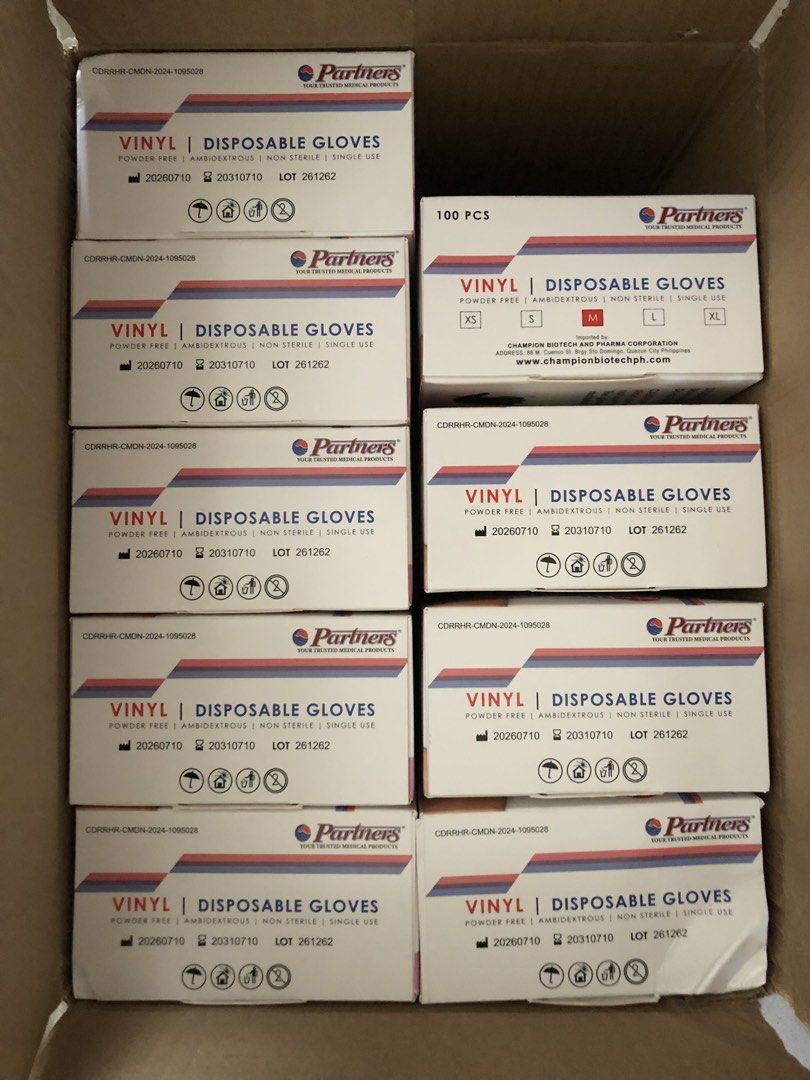 Partners Disposable Vinyl Gloves - Medium (100 pcs/box) (Category: Medical Supplies & Tools) located in Quezon City. Submitted by lots2love (Listing ID 1469812855, Image 3). Description: Partners Disposable Vinyl Gloves - Medium (100 pcs/box) - 9 boxes available - Medium size of vinyl gloves - all in great condition / brand new - purchased from Partners Medical store Location: Roxas District, QC.