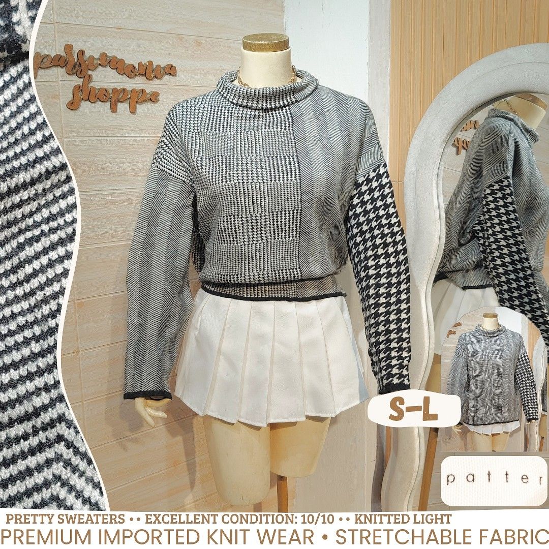 Patterned Knit Sweater Grey Black Mock Neck oversized (Category: Longsleeves) located in Bulacan. Submitted by alyssarys (Listing ID 1469921964, Image 1). Description: - Grey and black mixed pattern sweater (houndstooth, plaid, and stripes) - Stylish mock neck with long sleeves - Lightweight knit fabric with generous stretch - Comfortably fits sizes S to L - Premium imported quality.