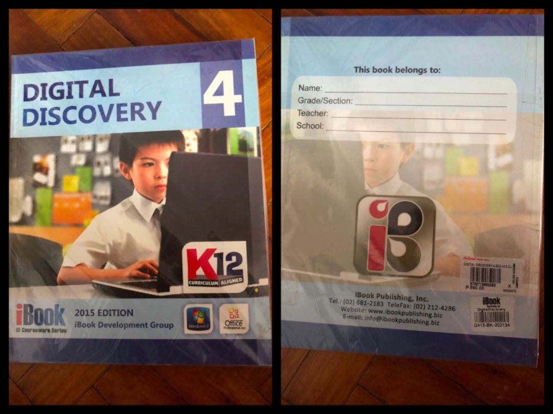 [PB] Grade 4 - Digital Discovery 4 Textbook by iBook Development Group (Category: Children's Books) located in San Juan City. Submitted by ttanmien (Listing ID 1469890198, Image 1). Description: ⚜️✨⚜️✨⚜️✨⚜️✨⚜️✨⚜️ 💁🏻‍♀️SELLING PRICE: ₱100 Original Price: ₱590 💁🏻‍♀️Book Genre: NonFiction, Children's Nonfiction, Early Childhood Education (ECE) 💁🏻‍♀️Book insight: • Series: iBook IT Courseware Series • Target Software: The cover indicates it fea