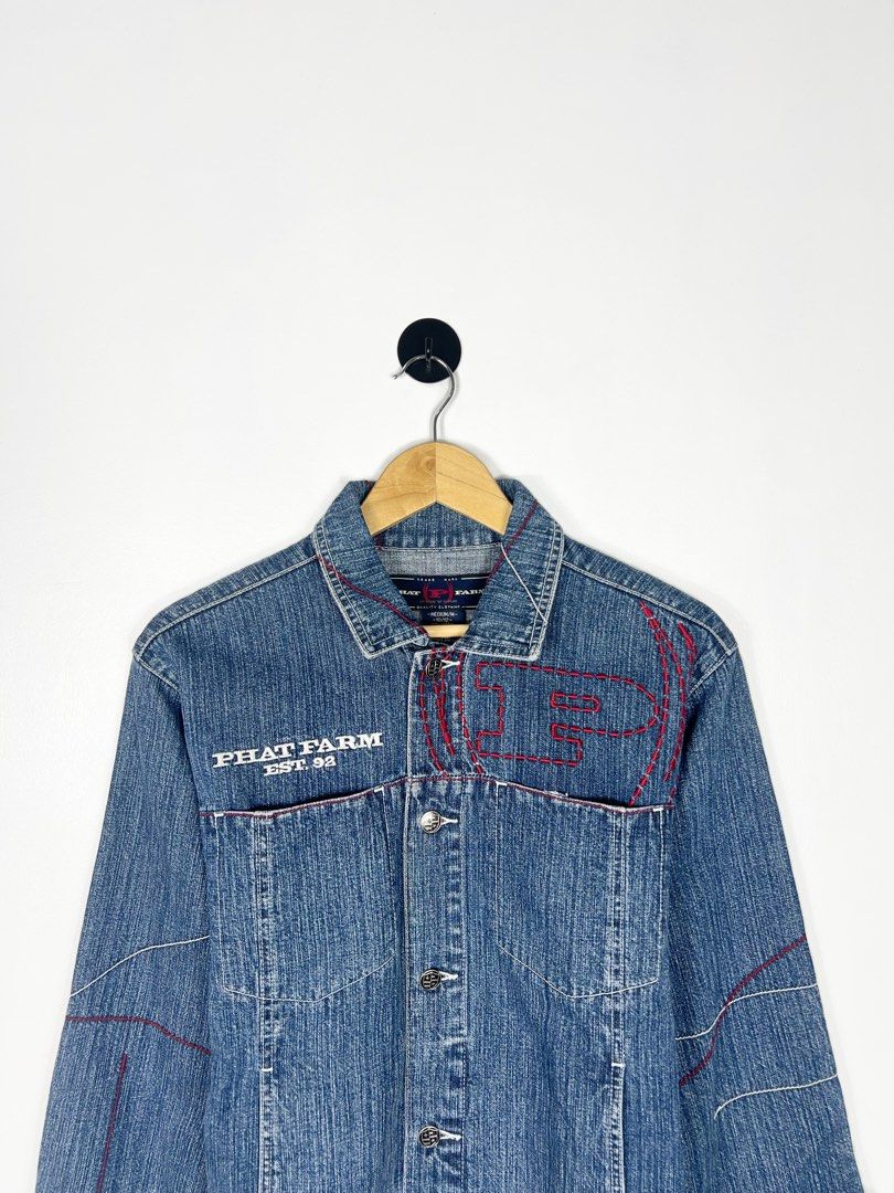 Phat Farm Shield Logo Denim Jacket (Category: Coats, Jackets and Outerwear) located in Bacolod City. Submitted by nodaysoff (Listing ID 1469773074, Image 3). Description: Phat Farm Shield Logo Denim Jacket - Authentic Measures: 21x23 | Medium cropped Excellent condition No flaws ₱1,280.