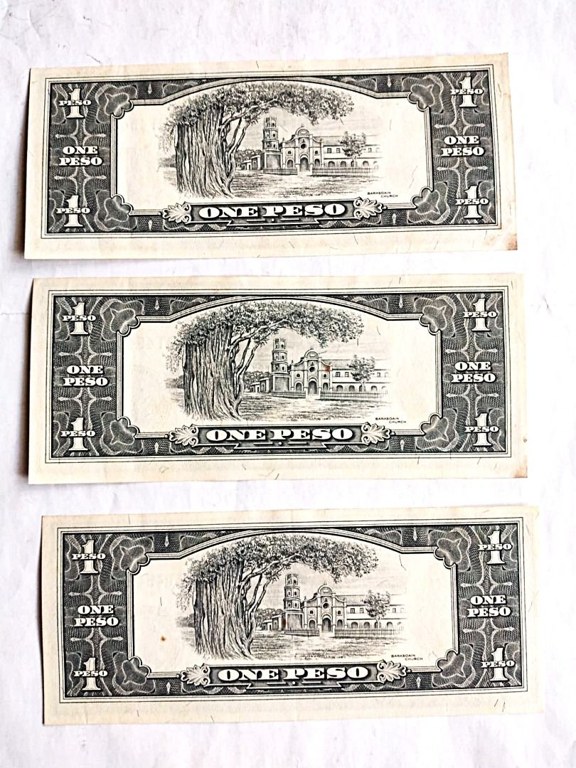 Philippines One Peso Banknotes (Category: Currency) located in Quezon City. Submitted by louie.s (Listing ID 1469874223, Image 2). Description: - Set of 3 vintage Central Bank of the Philippines one peso notes - Features portraits of Filipino hero Apolinario Mabini - Classic black and white design with detailed borders - Serial numbers included: WT 454931, WT 454934, and WT 454976 - Perfect addition to any Philippine paper currency collection.