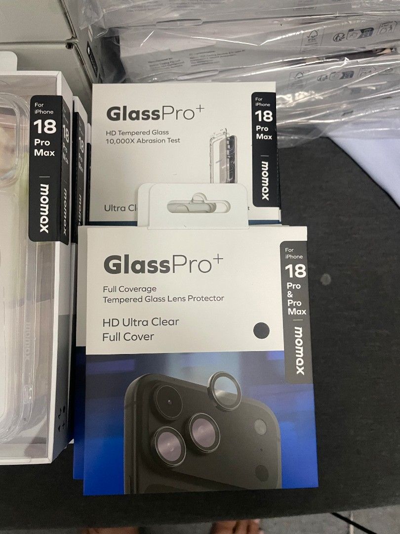 Phone accessories (Category: Cases & Sleeves) located in Manila. Submitted by badiong (Listing ID 1469867116, Image 2). Description: ​Screen Protector & Camera Lens Protector ​Brand: Momax ​Product Name: ​GlassPro+ Ultra HD Tempered Glass Screen Protector (for iPhone 18 Pro Max) ​GlassPro+ Full Coverage Tempered Glass Lens Protector (for iPhone 18 Pro / Pro Max) ​Original SRP: ​Screen Protector: ₱990 ​Camera Lens Protector: ₱690 ​Selling Price: ₱