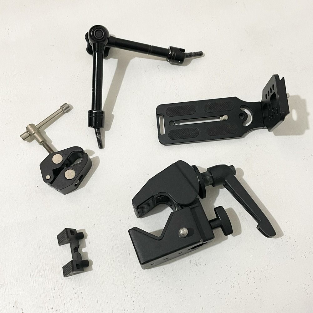 Photo/Video Rig Camera Super Clamp, Arm, Tripod L Bracket (Category: Lighting & Studio Equipment) located in Dasmarinas. Submitted by iamjpbm (Listing ID 1469935306, Image 3). Description: Take all for P1,000! 1. Studiomate SM15 Super clamp 2. Articulated magic arm (1/4 inch thread) 3. Mini clamp (1/4" and 3/8" slots) 4. Universal camera L plate/bracket RFS: Declutter/Need funds Condition: visible signs of usage Location: Dasmarinas, Cavite.