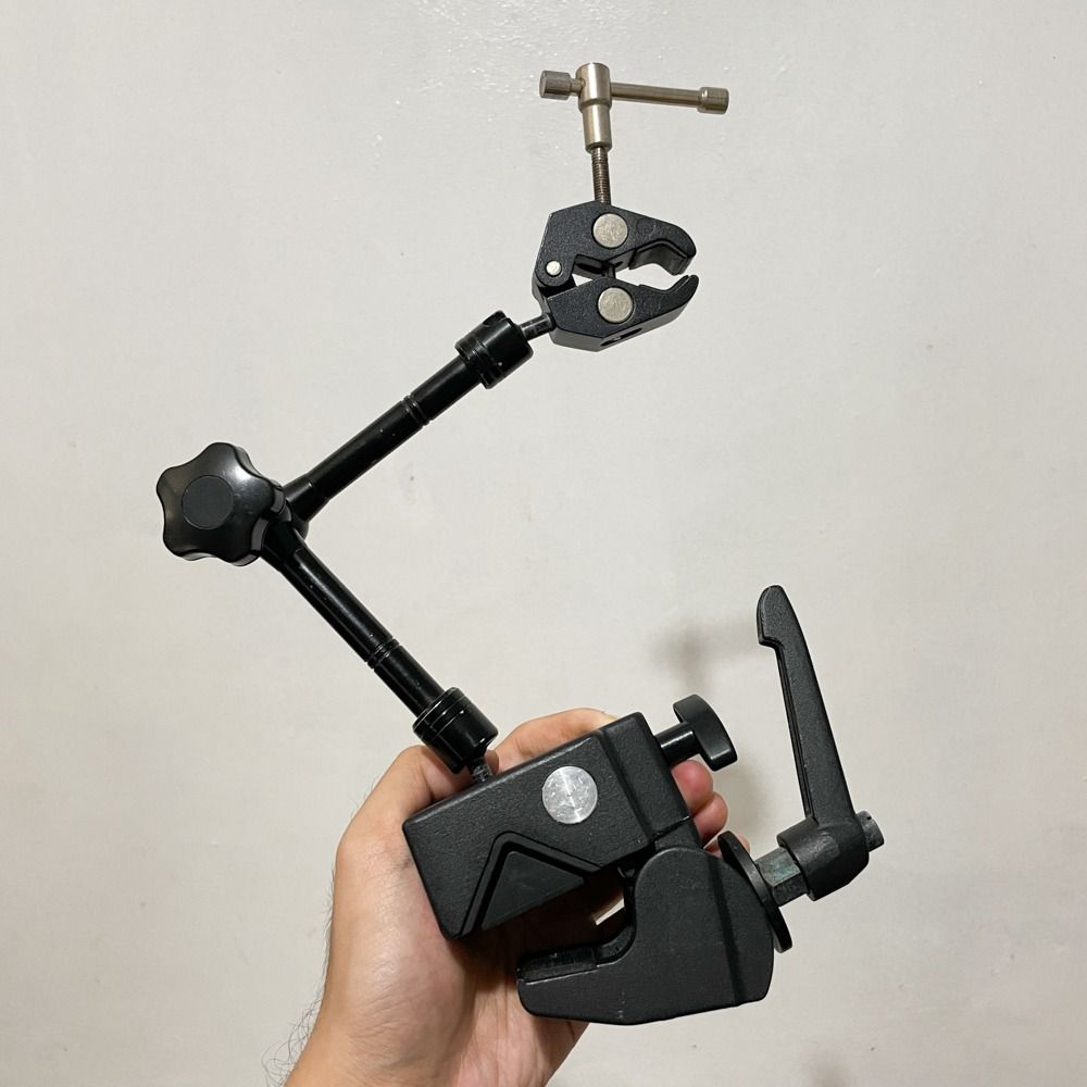 Photo/Video Rig Camera Super Clamp, Arm, Tripod L Bracket (Category: Lighting & Studio Equipment) located in Dasmarinas. Submitted by iamjpbm (Listing ID 1469935306, Image 1). Description: Take all for P1,000! 1. Studiomate SM15 Super clamp 2. Articulated magic arm (1/4 inch thread) 3. Mini clamp (1/4" and 3/8" slots) 4. Universal camera L plate/bracket RFS: Declutter/Need funds Condition: visible signs of usage Location: Dasmarinas, Cavite.