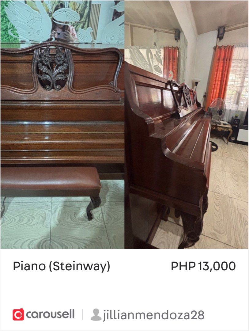 Piano (Steinway) with matching bench (Category: Musical Instruments) located in Marikina City. Submitted by jillianmendoza28 (Listing ID 1469760959, Image 1). Description: - Brand: Steinway - Type: Acoustic upright piano - Finish: Rich wood with detailed floral carving on the top panel - Design: Classic curved legs - Included: Matching padded bench - Sound/Build: Solid build quality with a rich, resonant tone - Ideal For: Living room centerpiece 