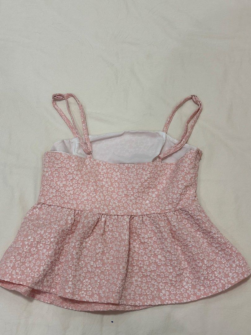 Light Baby Pink floral embossed Top (Category: Sleeveless) located in Caloocan City. Submitted by style.haven (Listing ID 1469896465, Image 3). Description: No damage. Only washed never worn, stored in closet. Non-stretch , Side zip , adjustable straps .