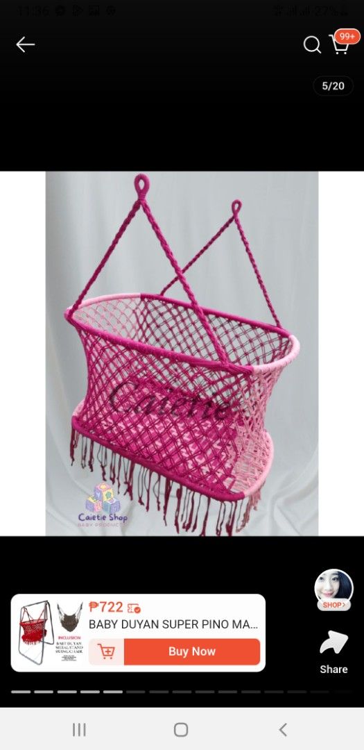 Pink Macrame Baby Swing Duyan (Category: Cots & Cribs) located in Malabon City. Submitted by roxbarcenas94 (Listing ID 1469833241, Image 3). Description: - Item: Brand new, with box handmade macrame baby swing - Color: Bright pink with stylish fringe details - Design: Woven net pattern, perfect for nurseries or living spaces - Setup: Includes suspension ropes and hanging loops - Condition: Still in original packaging, 100% unused.