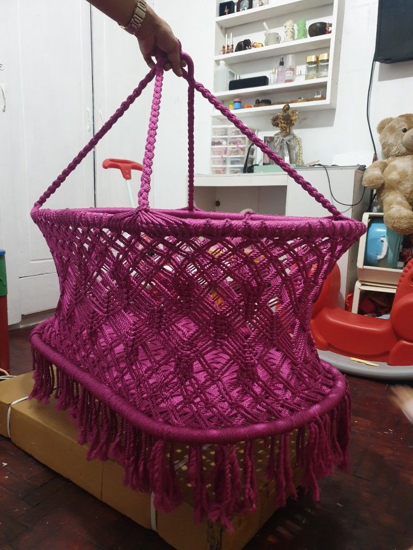 Pink Macrame Baby Swing Duyan (Category: Cots & Cribs) located in Malabon City. Submitted by roxbarcenas94 (Listing ID 1469833241, Image 1). Description: - Item: Brand new, with box handmade macrame baby swing - Color: Bright pink with stylish fringe details - Design: Woven net pattern, perfect for nurseries or living spaces - Setup: Includes suspension ropes and hanging loops - Condition: Still in original packaging, 100% unused.