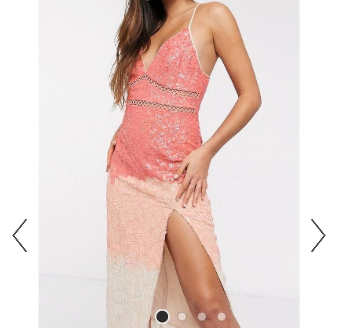 Pink Sequined Dress with Slit (Category: Evening dresses & gowns) located in Marikina City. Submitted by repurpose_studio (Listing ID 1469790630, Image 3). Description: -ASOS DESIGN ombre sequin embellished pencil midi dress -Original Price at Php 6,000.00 - Style: Fitted midi dress with a high side slit - Design: Pink, peach, and cream ombre with all-over sequins and beadwork - Details: V-neckline, thin spaghetti straps, and stylish waist cutout