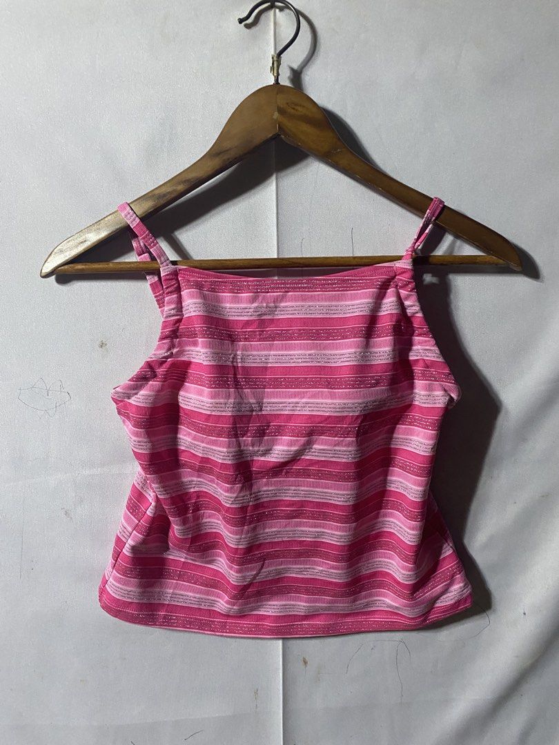 Pink Striped Glitter Spaghetti Strap Crop Tank Top (Category: Sleeveless) located in Cagayan de Oro. Submitted by silverhawk_ba9de3 (Listing ID 1469912300, Image 1). Description: - Pink and white striped crop top with sparkling glitter threads - Square neckline with adjustable spaghetti straps - Comfortable ribbed texture with a flattering waist-length cut - Versatile piece for casual outings or layering - Raters welcome, feel free to PM for inqu
