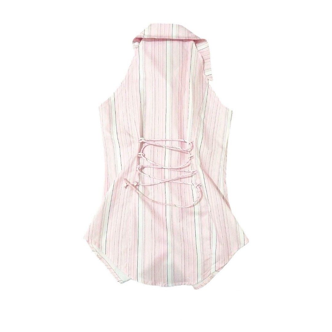 Pink Striped Halter Button-Up Top with Lace-Up Back (Category: Sleeveless) located in Manila. Submitted by kirrsy (Listing ID 1469823284, Image 2). Description: - Pink and white vertical striped sleeveless top - Button-down front with a classic collar - Trendy lace-up corset detail across the back so you can cinch it to your waist - Tailored fit with a flattering curved hemline - Lightweight fabric - Size: runs in XS to S Size: Bust: 72cm Waist (