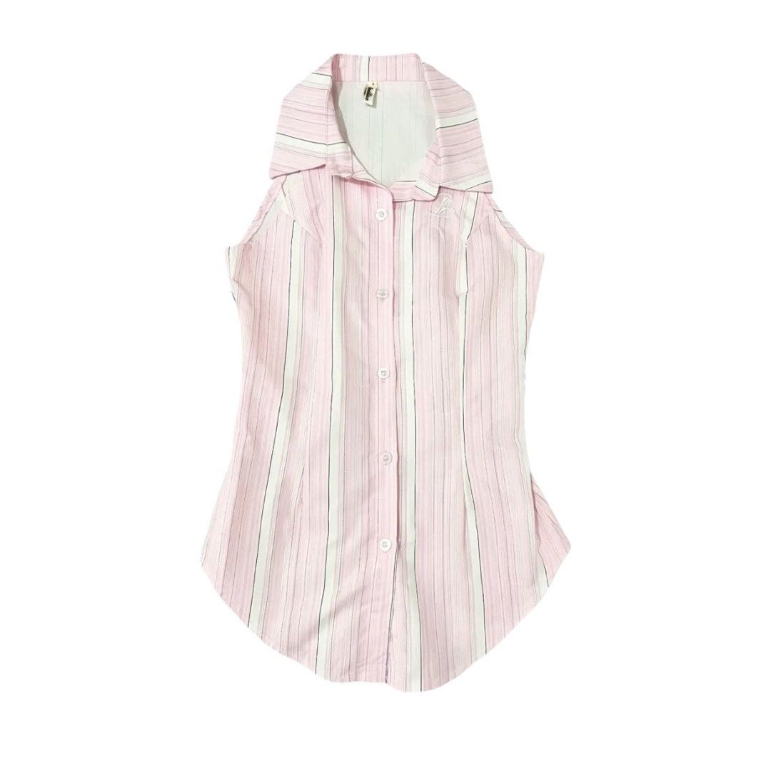 Pink Striped Halter Button-Up Top with Lace-Up Back (Category: Sleeveless) located in Manila. Submitted by kirrsy (Listing ID 1469823284, Image 1). Description: - Pink and white vertical striped sleeveless top - Button-down front with a classic collar - Trendy lace-up corset detail across the back so you can cinch it to your waist - Tailored fit with a flattering curved hemline - Lightweight fabric - Size: runs in XS to S Size: Bust: 72cm Waist (