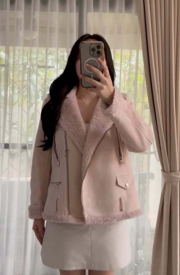 Pink Faux Suede Sherpa Jacket (Category: Coats, Jackets and Outerwear) located in Pasig City. Submitted by ohhbrey (Listing ID 1469911242, Image 1). Description: Pink Faux Suede Sherpa Jacket Selling this cute pink suede jacket with fluffy sherpa details! Perfect for autumn, spring, and chilly weather. 🍂🌸 Worn only few times! Best fit for Medium (M) RFS: Decluttering.