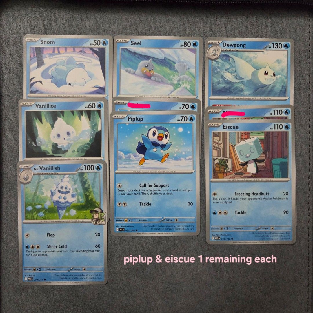 Pokemon Cutemon Water (Category: Raw Singles) located in Taguig. Submitted by aeri______99 (Listing ID 1468833676, Image 1). Description: ⋆ 15 php each ⋆ 100php for 8pcs (you may check other C/UC listings) ⋆ These are well taken care of 🩷 bulk from my personal rips ⋆ No packaging fee. I'll ship with reused sleeves, toploaders, and box. ♡ tags ♡ water type cute pokemon collectibles tcg snom seel dewgong vanillite N's vanillish piplup eiscue.