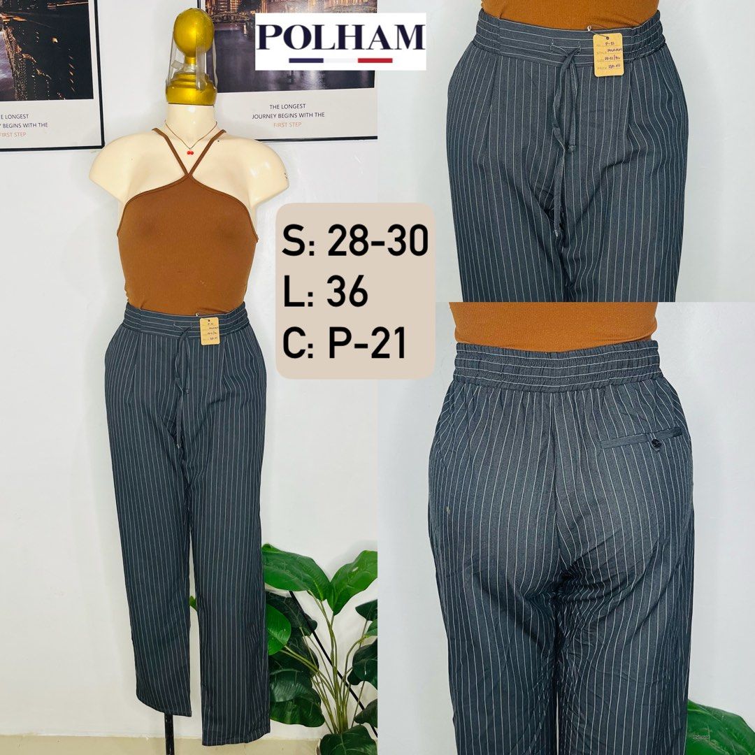 Polham Pinstripe Trousers Drawstring Waist Dark Grey (Category: Other Bottoms) located in Manila. Submitted by bengirlclothing (Listing ID 1467178537, Image 1). Description: - Brand: Polham -Size: 28-30 inches -Length: 36 inches - Color/Pattern: Dark grey with thin white pinstripes - Fit: Straight-leg cut - Waistband: Elasticated with adjustable drawstring - Pockets: Includes a back pocket with button closure - Style: Casual yet smart, perfect fo