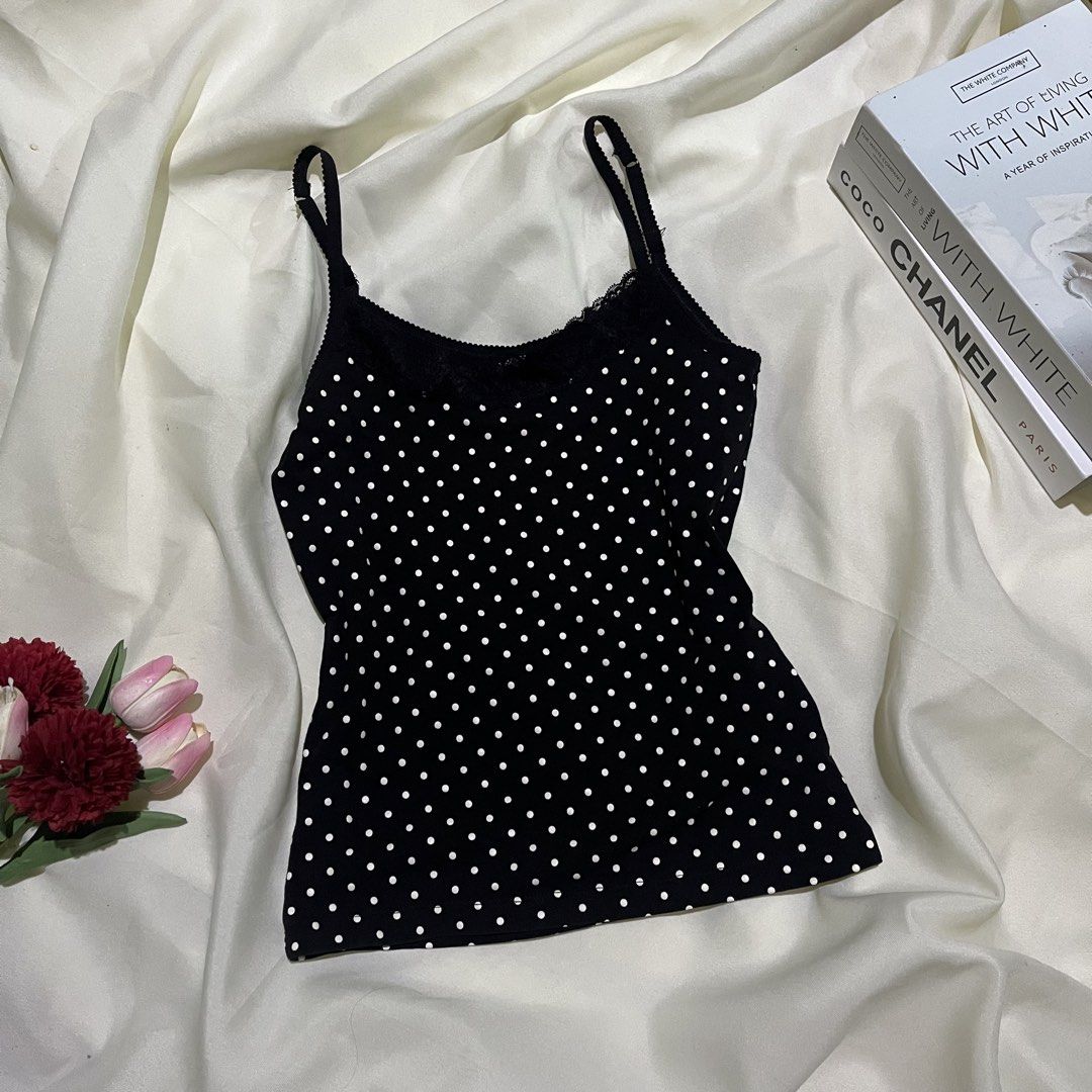 Polka Cami Top (Category: Sleeveless) located in Santo Tomas. Submitted by closetklo (Listing ID 1469775108, Image 1). Description: Like new No flaws High quality Size: S-M Adjustable straps.
