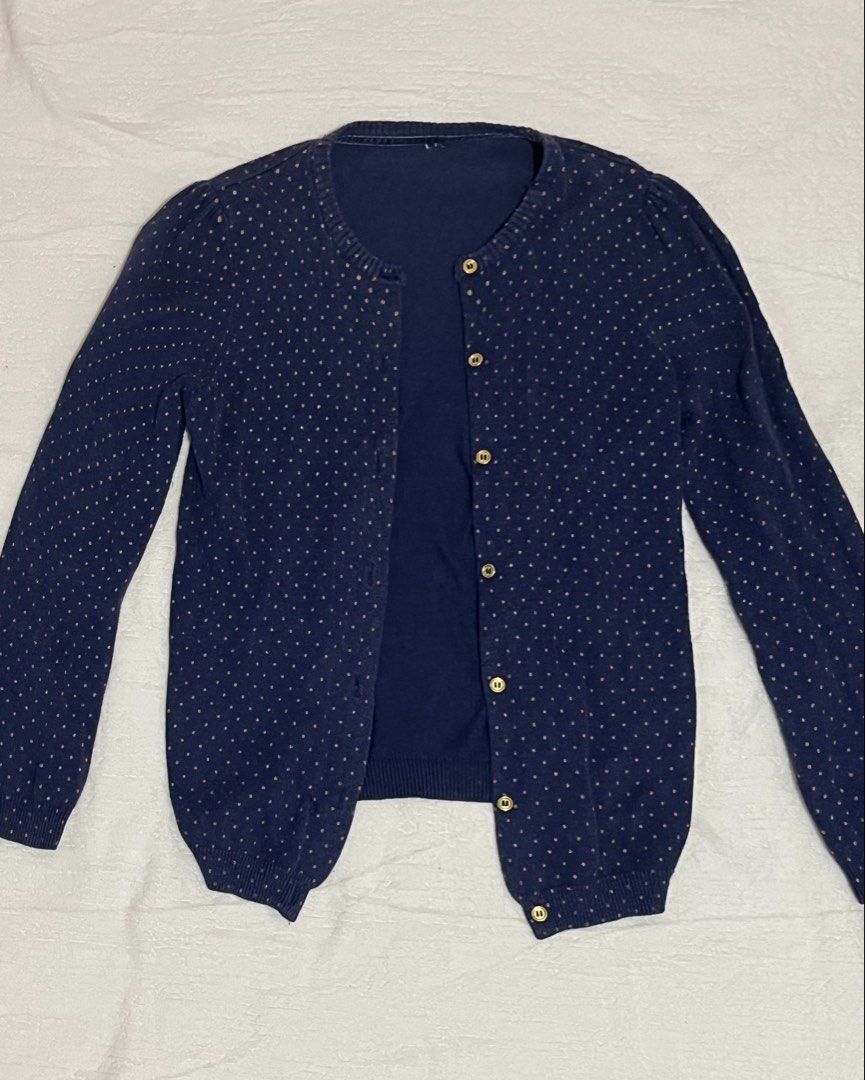 polka dot cardigan | xs | ₱169 (Category: Coats, Jackets and Outerwear) located in Manila. Submitted by yours_eventually (Listing ID 1469907476, Image 2). Description: - Color: Classic navy blue with tiny polka dots - Material: Lightweight and comfortable knit - Details: Elegant gold-toned front buttons, round neckline - Finish: Ribbed cuffs and hem for a snug fit - Styling: Perfect layering piece to wear over tops or dresses.