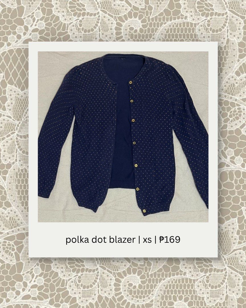 polka dot cardigan | xs | ₱169 (Category: Coats, Jackets and Outerwear) located in Manila. Submitted by yours_eventually (Listing ID 1469907476, Image 1). Description: - Color: Classic navy blue with tiny polka dots - Material: Lightweight and comfortable knit - Details: Elegant gold-toned front buttons, round neckline - Finish: Ribbed cuffs and hem for a snug fit - Styling: Perfect layering piece to wear over tops or dresses.