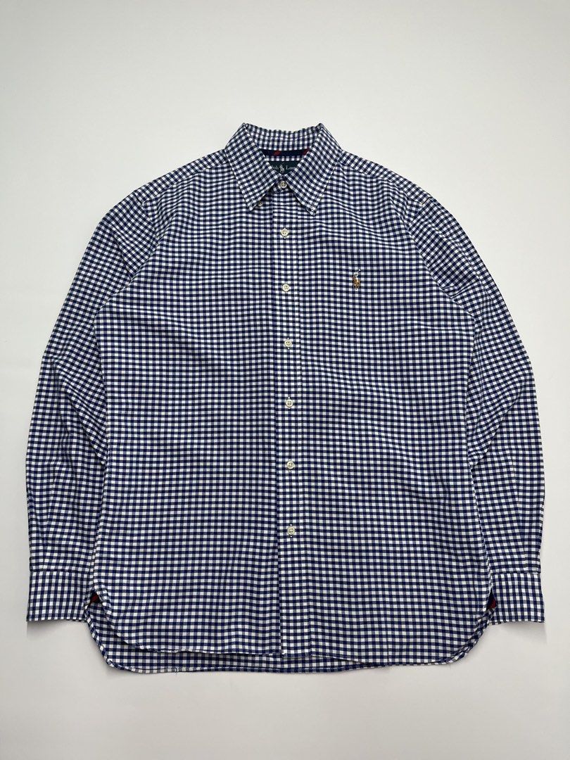 Polo RL blue-and-white gingham check button-down (Category: Formal Shirts) located in Angono. Submitted by thriftnalang (Listing ID 1469916629, Image 1). Description: Polo RL blue-and-white gingham check button-down W 21.5 | L 27 Medium on tag fit to large Like new condition No issue .