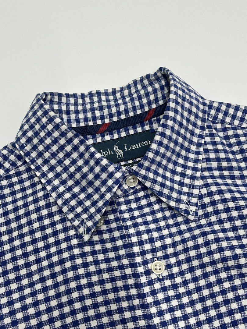 Polo RL blue-and-white gingham check button-down (Category: Formal Shirts) located in Angono. Submitted by thriftnalang (Listing ID 1469916629, Image 3). Description: Polo RL blue-and-white gingham check button-down W 21.5 | L 27 Medium on tag fit to large Like new condition No issue .