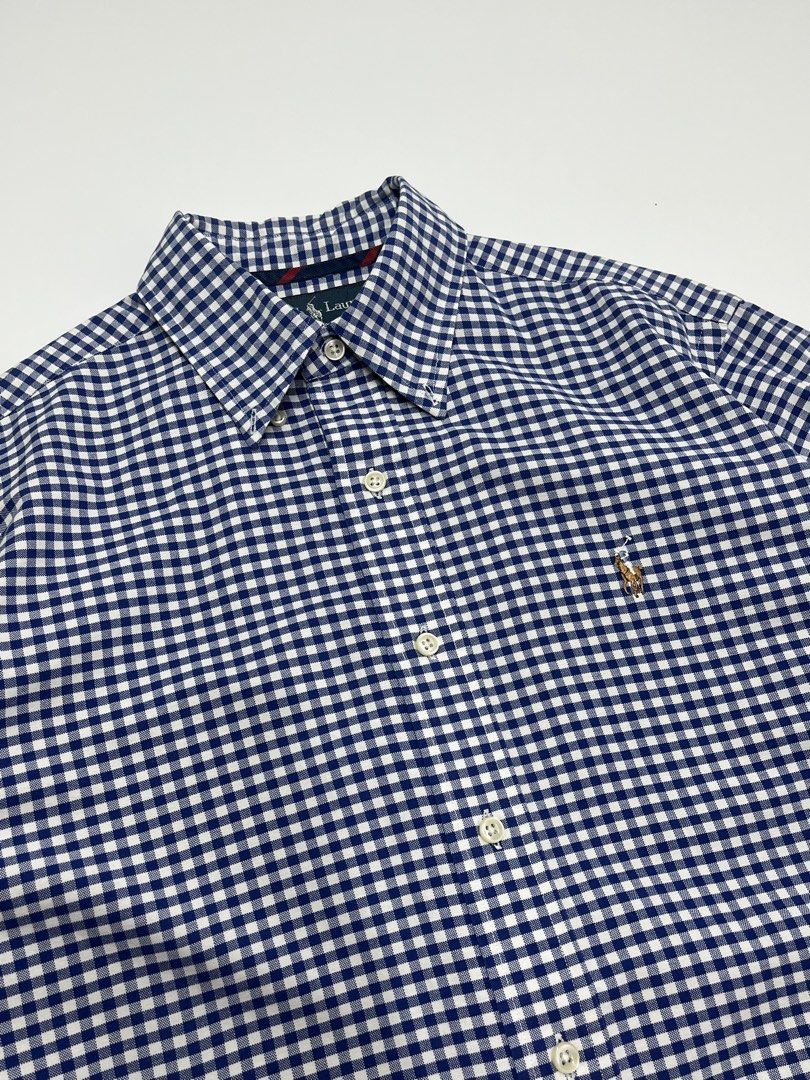 Polo RL blue-and-white gingham check button-down (Category: Formal Shirts) located in Angono. Submitted by thriftnalang (Listing ID 1469916629, Image 2). Description: Polo RL blue-and-white gingham check button-down W 21.5 | L 27 Medium on tag fit to large Like new condition No issue .