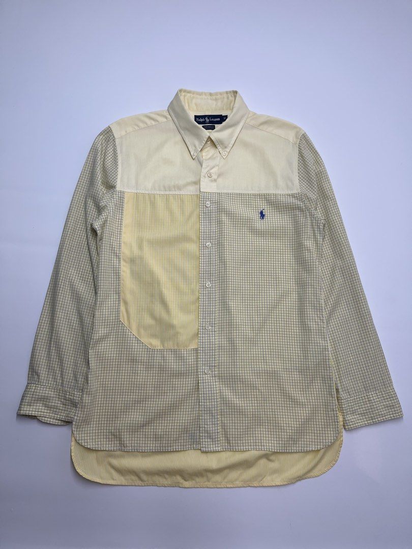 Polo RL yellow color-block and check-patterned button-down (Category: Formal Shirts) located in Angono. Submitted by thriftnalang (Listing ID 1469916883, Image 1). Description: Polo RL yellow color-block and check-patterned button-down W 20 | L 27.5 Medium tag fit to large Like new condition condition No issue .