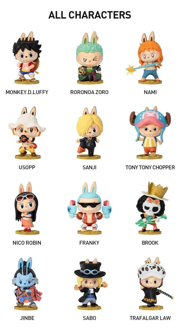 Popmart one piece (Category: Designer & Blind Box Toys) located in Marikina City. Submitted by jep28 (Listing ID 1469765853, Image 1). Description: - Complete collection of 12 One Piece characters featuring cute bunny ears - Includes Luffy, Zoro, Nami, Usopp, Sanji, Chopper, Robin, Franky, Brook, Jinbe, Sabo, and Trafalgar Law - Each figure stands on a stylish gold coin-style base - Highly detailed mini collectibles perfect for fans and collector