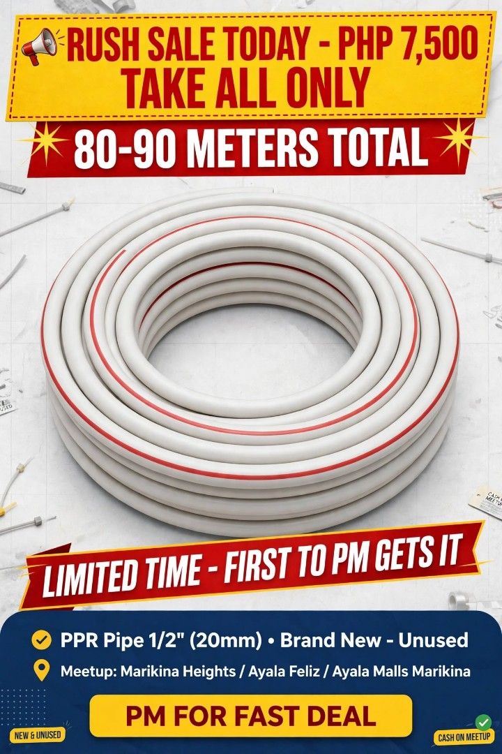 PPR Pipe 1/2" 20mm 80-90 Meters Total (Category: Construction & Building Materials) located in Marikina City. Submitted by grandwind.1d6ce4 (Listing ID 1469793098, Image 1). Description: RUSH SALE TODAY - NEED CASH! FOR SALE: PPR Pipe 1/2" (20mm) - 80-90 Meters PHP 7,500 TAKE ALL ONLY! ✅ 80-90 meters total ✅ 1/2" PN20 White with Red Line ✅ Brand New - Hindi pa nagamit ✅ Nakatambak lang kaya binabagsak presyo Meetup ONLY: 📍 Marikina Heights / Aya