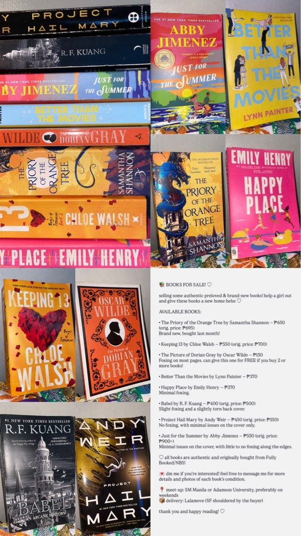 Preloved books (Category: Storybooks) located in Claver. Submitted by shephun (Listing ID 1469850066, Image 1). Description: 📚 BOOKS FOR SALE! 📚 selling some authentic preloved & brand-new books! help a girl out and give these books a new home hehe ♡ TAKE-ALL OFFER! ♡ get all 8 books for only ₱3,250 ୨୧ AVAILABLE BOOKS 1. The Priory of the Orange Tree by Samantha Shannon ₱650 (orig. price: ₱695) ✧ brand-new, bought last month! 2. Keeping 13 by C